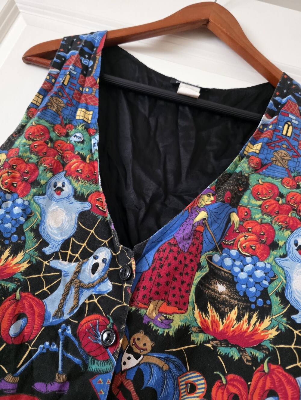 Vintage 90s Halloween Vest Womens M Boo Ghost Witches Gothic Bats Retro - Picture 4 of 7